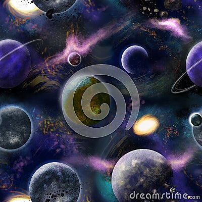 Seamless pattern with the image of space, planets, stars, nebulae. realistic galaxy Stock Photo