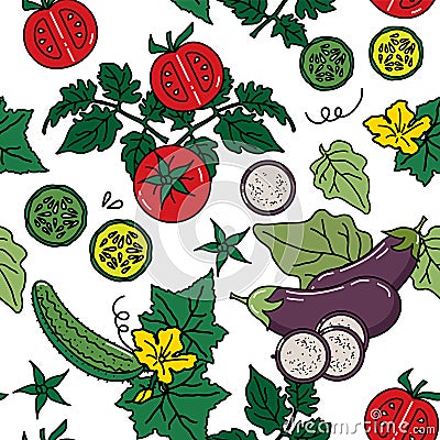 Seamless pattern with the image of vegetables: eggplants, cucumbers, tomatoes for vegetarian Vector Illustration