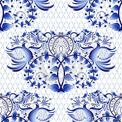 Seamless pattern imitation of painting on porcelain in the Russian style Gzhel or Chinese painting. Light background with birds. Vector Illustration