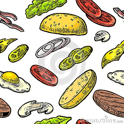 Seamless pattern ingredients burger include cutlet, tomato, cucumber and salad. Vector Illustration