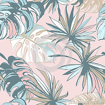 Seamless pattern of ink Hand drawn sketch Tropical palm leaves. Vector Illustration