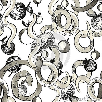 Seamless pattern of ink snakes and apples Vector Illustration