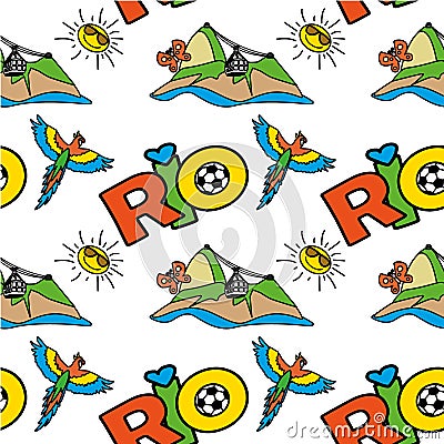 Seamless pattern with Inscription Rio, mountain and parrot Vector Illustration