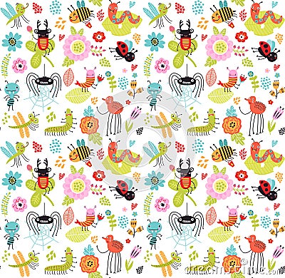 Seamless pattern with insects and flowers. Vector Illustration