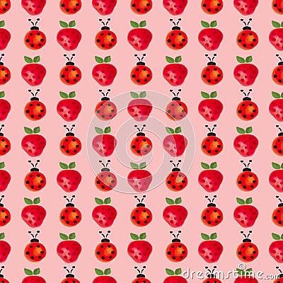 Seamless pattern with insects and fruits. Watercolor background with hand drawn lady bugs and strawberries. Stock Photo