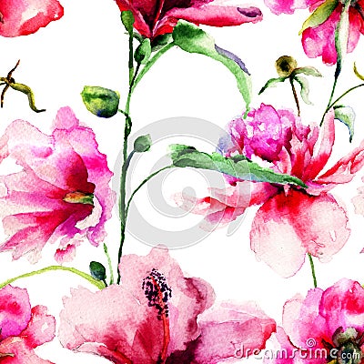 Seamless pattern with Ipomea and Peony flowers illustration Cartoon Illustration