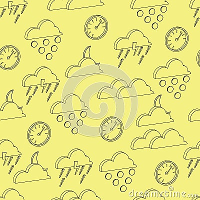 Seamless pattern of black contour 3d weather icons on a yellow background Vector Illustration