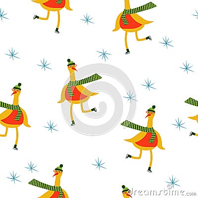 Seamless pattern: isolated geese on skates and snowflakes on a white background. vector. Vector Illustration