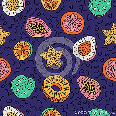 Seamless pattern of isolated hand drawn colorful tropical fruit Vector Illustration