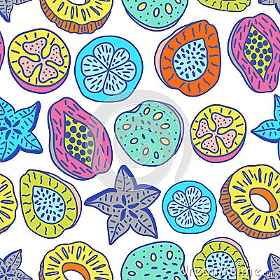 Seamless pattern of isolated hand drawn colorful tropical fruit Vector Illustration