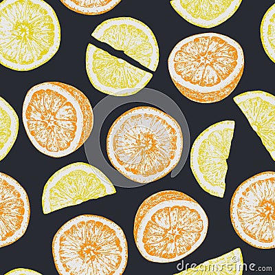 Seamless pattern of isolated hand drawn oranges and lemon slices Vector Illustration