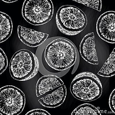 Seamless pattern of isolated hand drawn oranges and slices in sk Vector Illustration