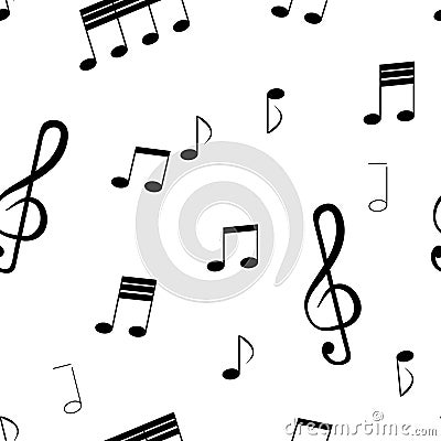 Seamless pattern: isolated music notes and musical key of black color on a white background. Vector Illustration