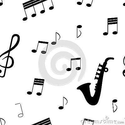 Seamless pattern: isolated musical signs and musical instrument saxafon in black on a white background. Vector Illustration