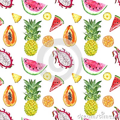 Seamless pattern with isolated watercolor summer exotic fruits - watermelon slice, pineapple, papaya, dragon fruit Cartoon Illustration