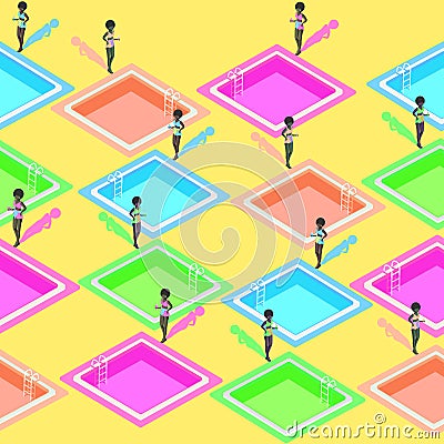 Seamless pattern Isometric African American girls near colorful isometric swimming pools Vector Illustration
