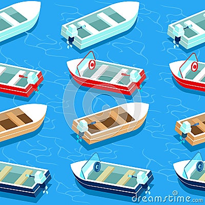 seamless pattern with isometric boats on the background of the sea Vector Illustration