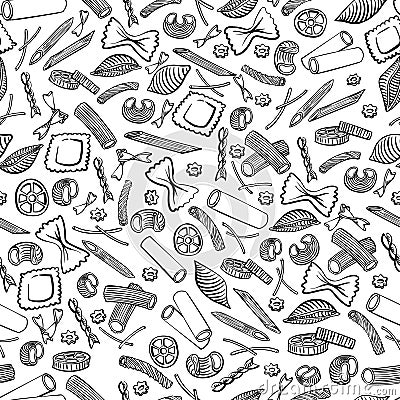 Seamless pattern with italian macaroni of different kinds. Black hand draw on white background Cartoon Illustration