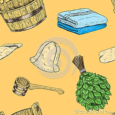 Seamless pattern items for sauna. Hand drawn vector set for bath. Vector Illustration