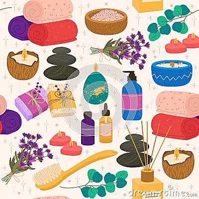 Seamless pattern with items for spa treatments. Relax and wellness zone. Decor textile, wrapping paper, wallpaper design Vector Illustration