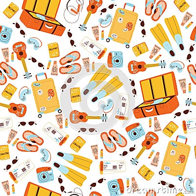 Seamless pattern with items for vacation trip. Summer tourism background. Beach resort. Tourist baggage. Voyage luggage Vector Illustration