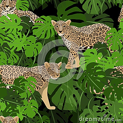 Seamless pattern. Jaguars or leopards in the tropical leaves of the Monstera plant Vector Illustration