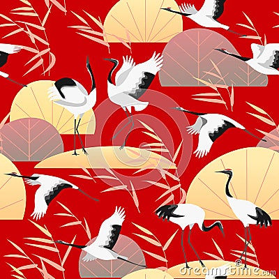 Seamless Pattern with Japanese Cranes and Reed Vector Illustration