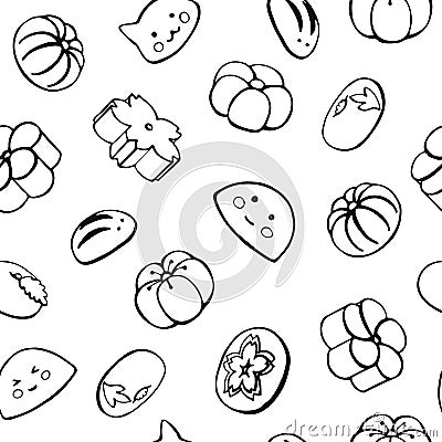 Seamless pattern with Japanese desserts, sweets: mochi, wagashi. Hand drawn vector illustration Vector Illustration