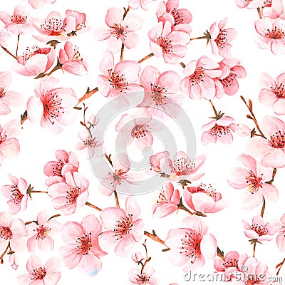 Seamless pattern with japanese sakura with pink flowers. Cherry-blossom background. Vector Illustration