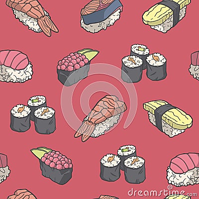 Seamless pattern with japanese style sushi in color Stock Photo