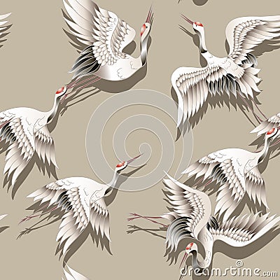 Seamless pattern with Japanese white crane in batik style. Vector illustration. Vector Illustration