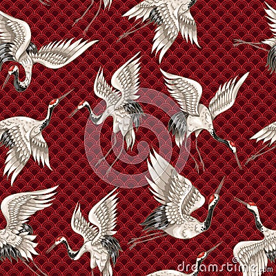 Seamless pattern with Japanese white cranes in different poses for your design embroidery, textiles, printing Vector Illustration