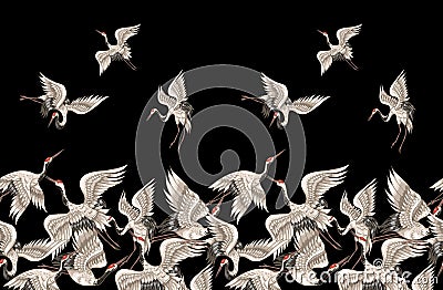 Seamless pattern with Japanese white cranes in different poses for your design embroidery, textiles, printing Vector Illustration