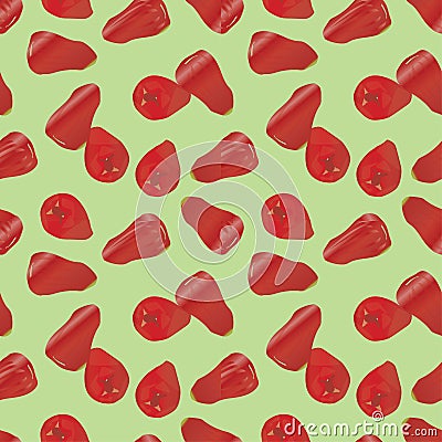 Seamless pattern of java apple or red guava on a green background. The fruit of java Vector Illustration