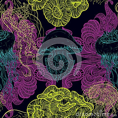 Seamless pattern with jellyfish, marine plants and seaweed. Vintage hand drawn vector illustration marine life. Vector Illustration