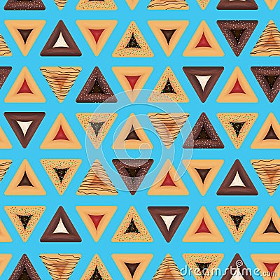 Seamless pattern for jewish holiday Purim. Haman ears traditional cookies Vector Illustration