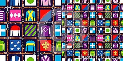 Seamless pattern jockey uniform. Traditional design. Silk. Harness, bridle, harness, belt. Horse racing fashion. Vector Vector Illustration