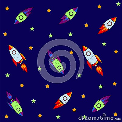 Seamless pattern for journey to space with sketch stars, rocket, comets, planets and ufo, vector Vector Illustration