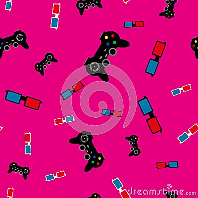 Seamless pattern with joysticks and 3D glasses. Simple vector illustration. Pink, black, red, blue, white. Vector Illustration