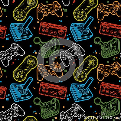 Seamless pattern with joysticks, gamepads seamless pattern, console gaming background Vector Illustration