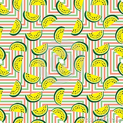 Seamless pattern of juicy slices of yellow watermelon and colored geometric squares. Concept of Hello Summer Vector Illustration