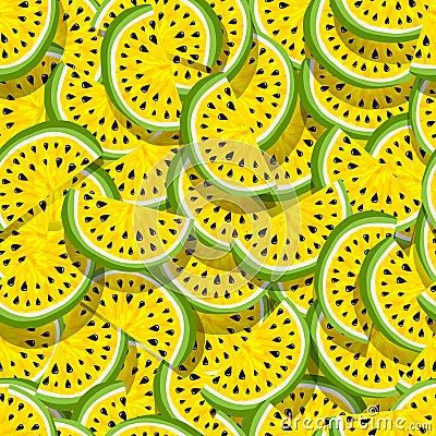 Seamless pattern of juicy slices of yellow watermelon. Watermelon abstract background. Fruit vector illustration Vector Illustration