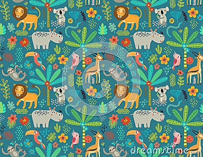 Seamless pattern with jungle animals Vector Illustration