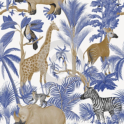Seamless pattern with jungle animals and trees in blue color. Palm trees, giraffe, okapi, zebra etc. Vector. Vector Illustration