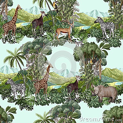 Seamless pattern with jungle animals and trees. Palm trees, giraffe, okapi, zebra etc. Vector. Vector Illustration