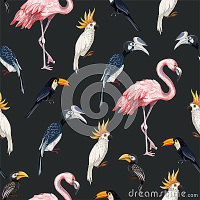 Seamless pattern with junngle bird such as flamingo, parrot, toucan. Vector. Vector Illustration