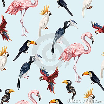 Seamless pattern with junngle bird such as flamingo, parrot, toucan. Vector. Vector Illustration