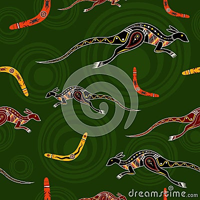 Seamless pattern of kangaroos and boomerangs. Vector Illustration