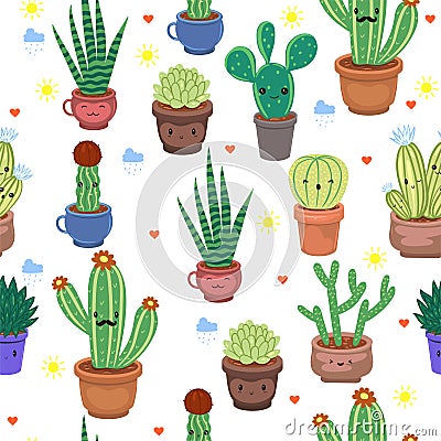 Seamless pattern with kawaii cacti. Vector graphics Stock Photo