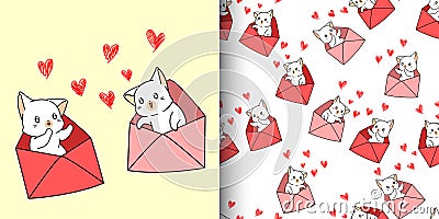 Seamless pattern kawaii cat cartoon inside a love letter Vector Illustration